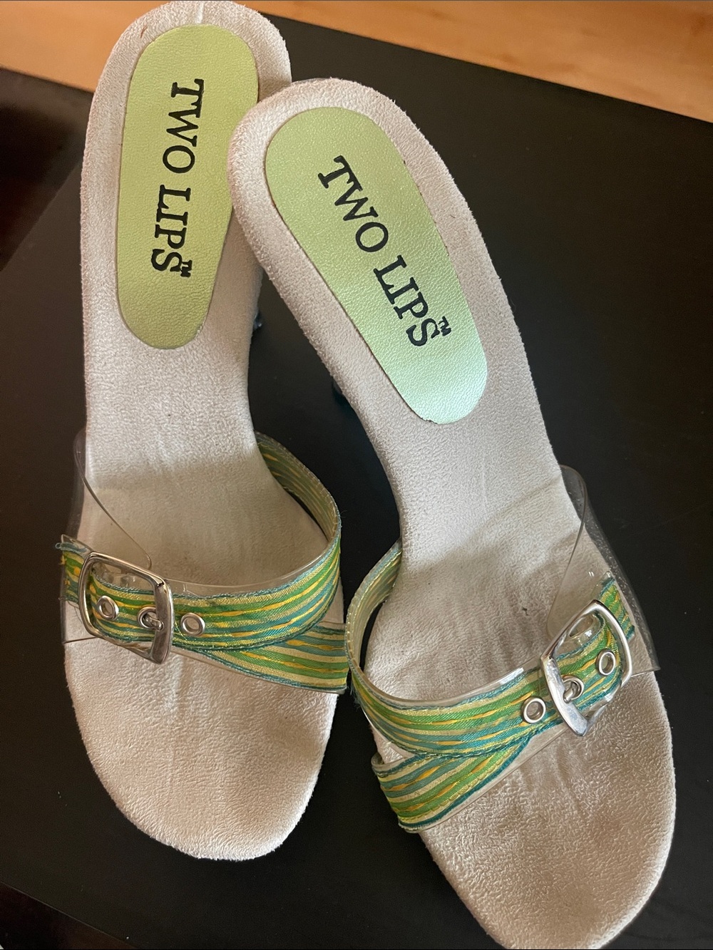 Two Lips Green and Yellow Striped Buckle Slide Mules